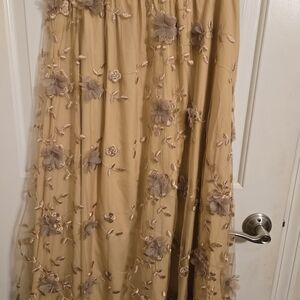 Embroidered Floral Tulle Maxi Skirt in Taupe